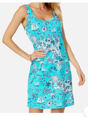 Lilly Pulitzer LOVES FLORIDA Road Trip Tank Mini Dress AMALFI Blue. Size SMALL